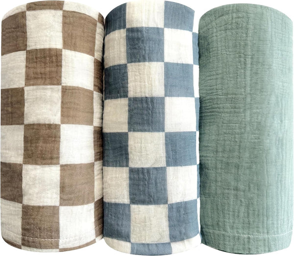3-Pack Ultra Soft Checkered Muslin Swaddle Blankets