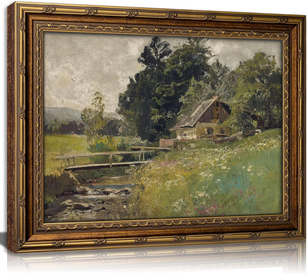 Vintage Framed Landscape Wall Art Riverside Houses Prints