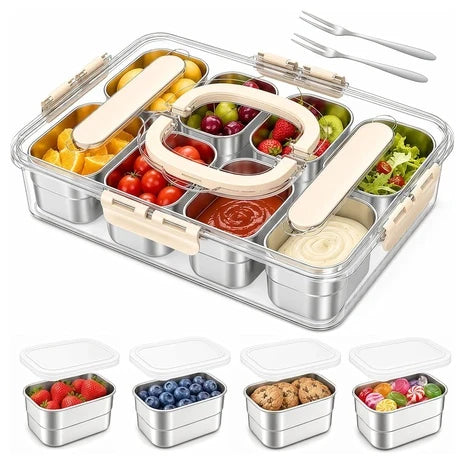8-Compartment Stainless Steel Snackle Box with Individual Lids