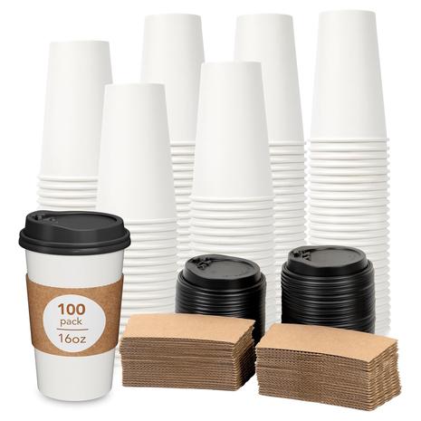 100 Disposable 16oz Coffee Cups With Lids & Sleeves