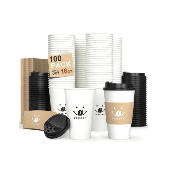 100-Piece Disposable Coffee Cups With Lids & Sleeves 16oz