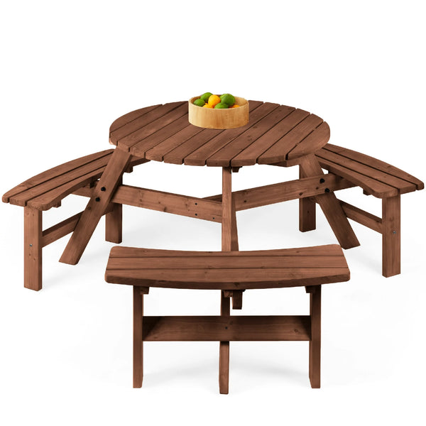 6-Person Circular Outdoor Wooden Picnic Table With 3 Built-In Benches (2 Colors)