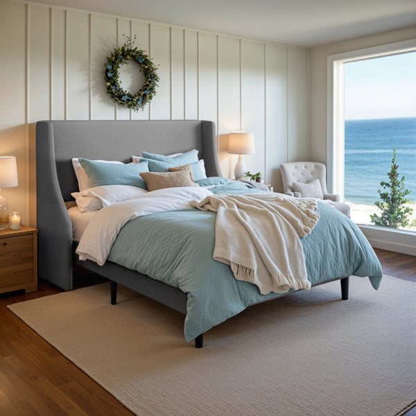 Modern Linen Upholstered Wingback Platform Bed