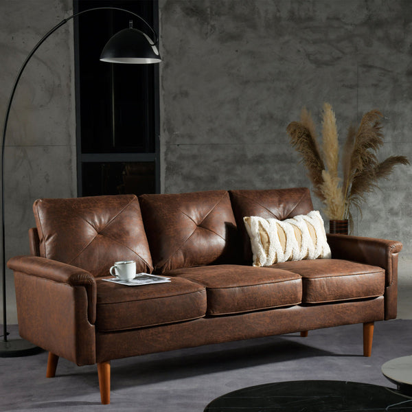 Modern Faux Leather Upholstered Mid Century Flared Arm Sofa