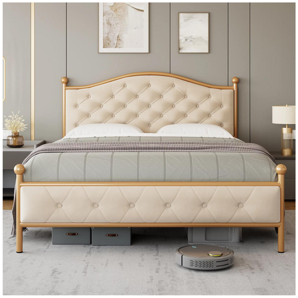 Metal Tubular Platform Bed with Button Tufted Upholstered Headboard (2 Colors)