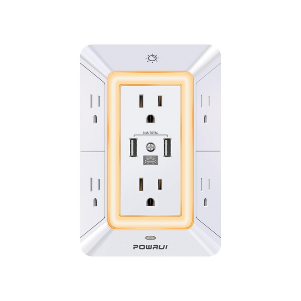 6 Outlet and 3 USB Charging Port With Night Light And Surge Protector