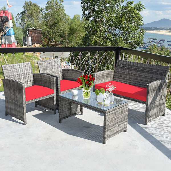 4PCS Patio Rattan Conversation Glass Table Top Cushioned Sofa