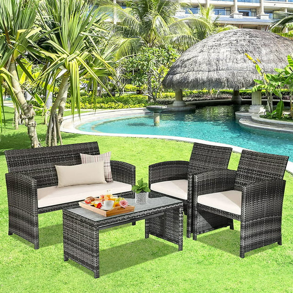 4 Pcs Rattan Patio Furniture Set with Glass Table Top (5 Colors)