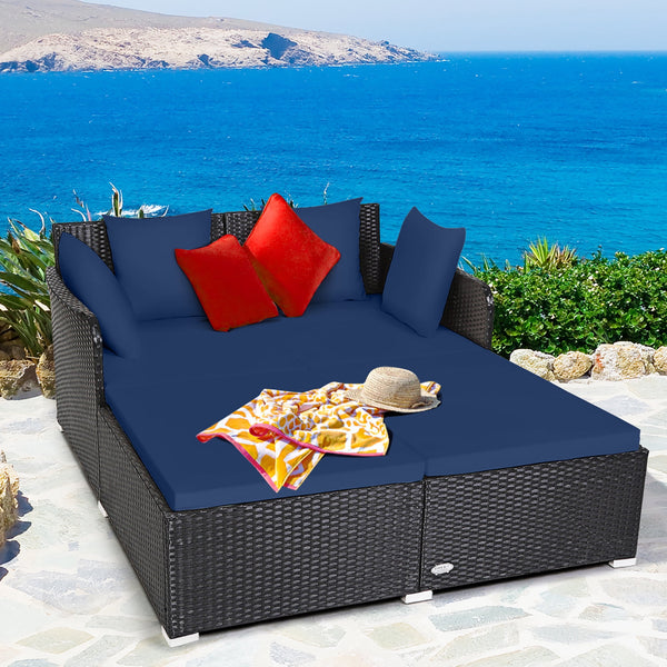 Outdoor Patio Rattan Daybed Pillows Cushioned Sofa
