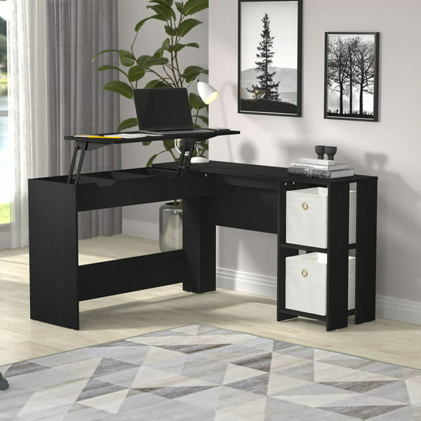 Hillsdale L-Shaped Wood Lift-Top Desk with Storage, Black Oak