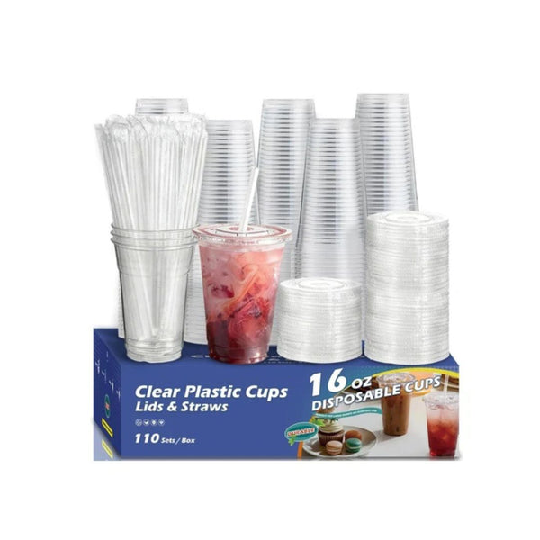 110 16oz Clear Plastic Cups with Lids & Straws