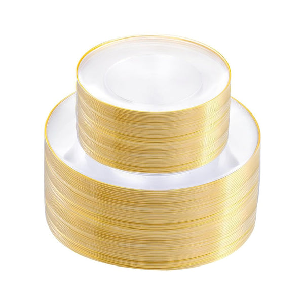100PCS Clear and Gold or White Plastic Plates