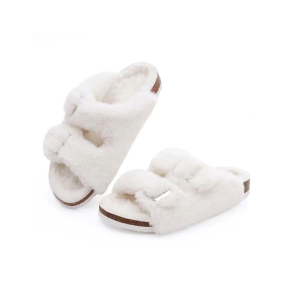 Fuzzy Cork Footbed Slippers Fluffy Open Toe Slides