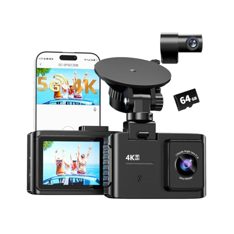 4K Dual Dash Cam Front and Rear, 64GB, WiFi
