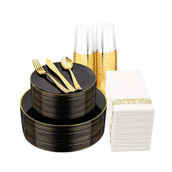 350pcs Black & Gold Plastic Dinnerware Set