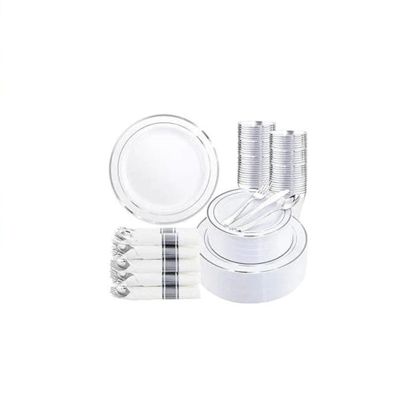 350-Piece Silver Plastic Dinnerware Set for 50 Guests