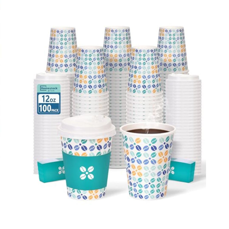 100 Pack Disposable 12oz Coffee Cups with Lids