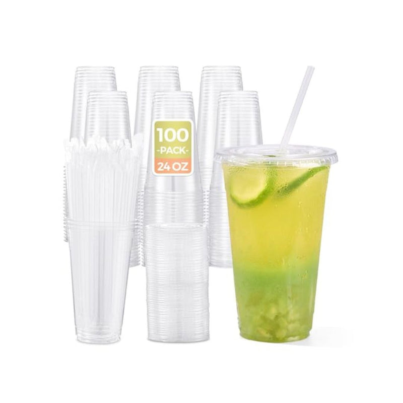 100 Pack Plastic Cups with Lids and Straws 24oz