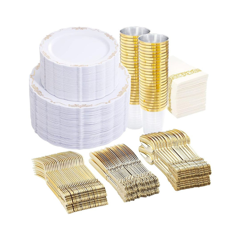 350 Pcs Gold Plastic Dinnerware Set