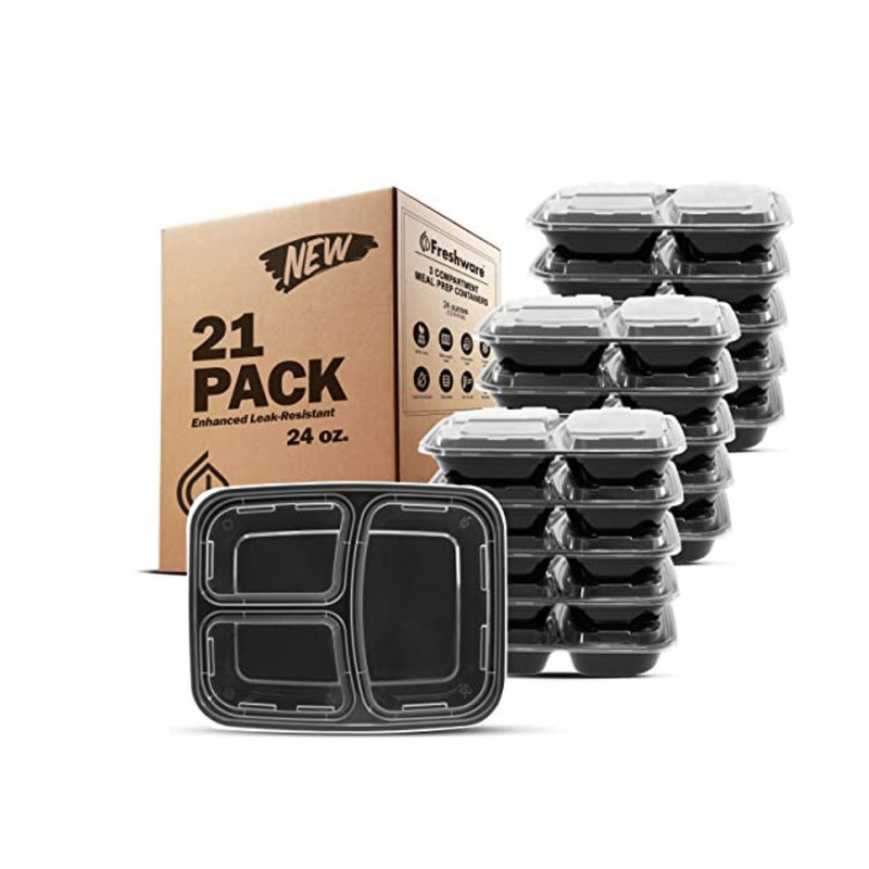 21 Pack Freshware 3-Compartment Meal Prep Containers