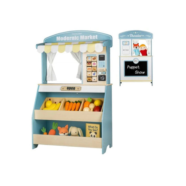 2-in-1 Kids Grocery Store & Puppet Show Playset