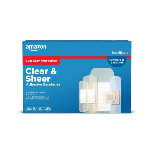 280 Amazon Basic Care Sheer and Clear Adhesive Bandages Family Variety Pack