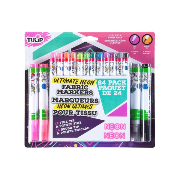 24 Tulip Fine Tip & Brush Tip Permanent Fabric Markers Neon Pack