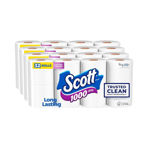 Scott 1000 Trusted Clean Toilet Paper, 32 Rolls, Septic-Safe, 1-Ply Toilet Tissue
