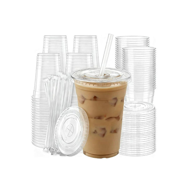100 Pack 16 oz Plastic Cups with Lids and Straws