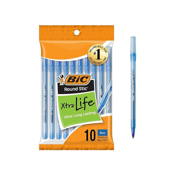 10-Count BIC Round Stic Xtra Life Blue Ballpoint Pens