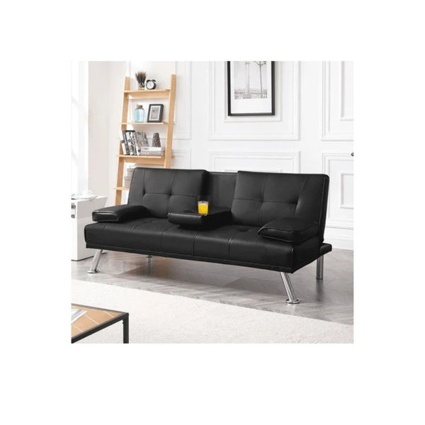 Faux Leather Futon With Cupholders and Pillows