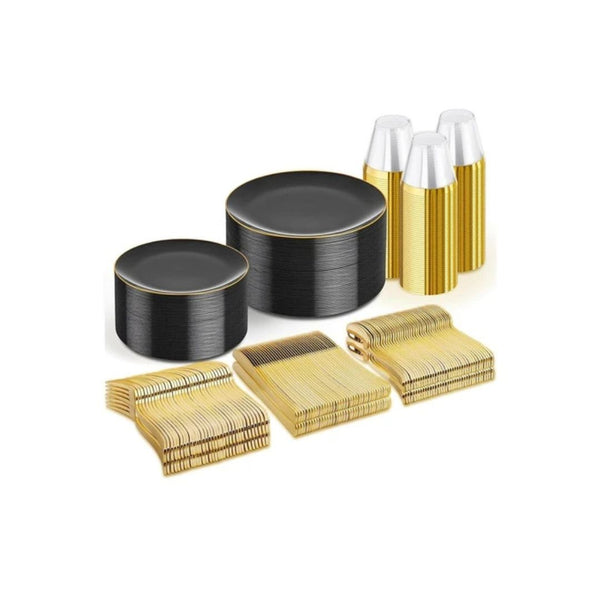 300-Piece Black & Gold Disposable Dinnerware Set