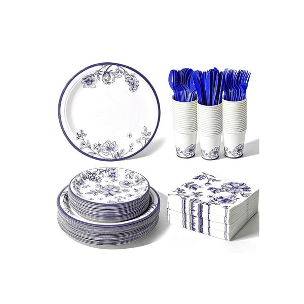 400 Pcs Disposable Blue and White Floral Tableware Set