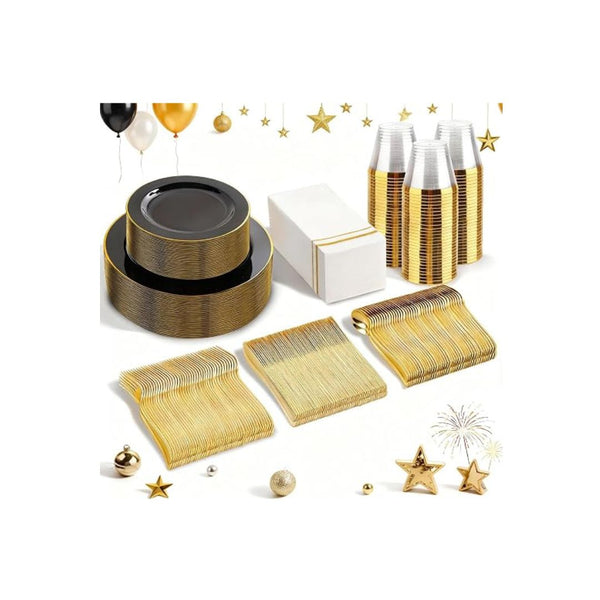 350-Piece Black and Gold Disposable Plates