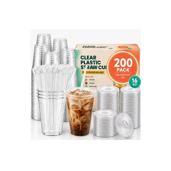 200 16oz Plastic Cups With Lids & Straws