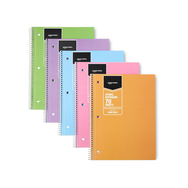 5-Pack Amazon Basics Wide Ruled Spiral Notebooks
