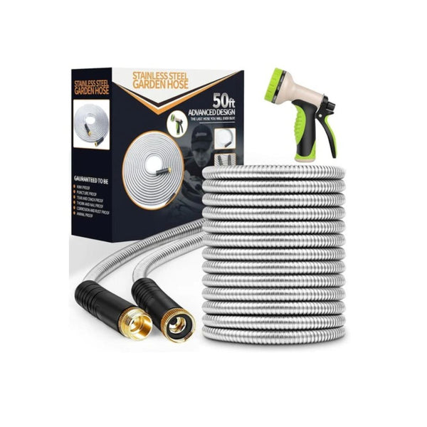 50-Ft Stainless Steel Garden Hose With Nozzle