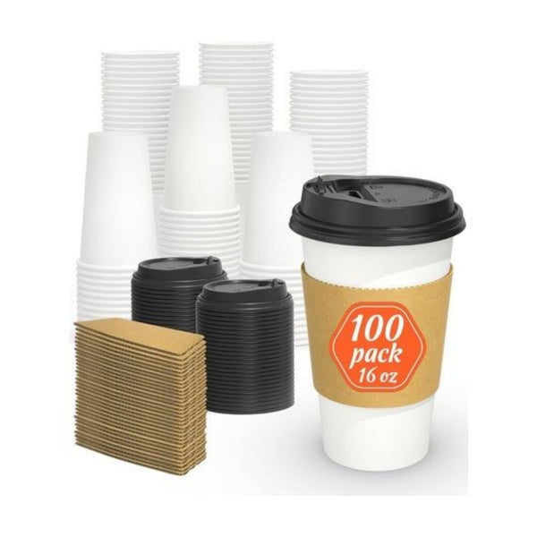 100 16oz Disposable Coffee Cups with Lids & Sleeves