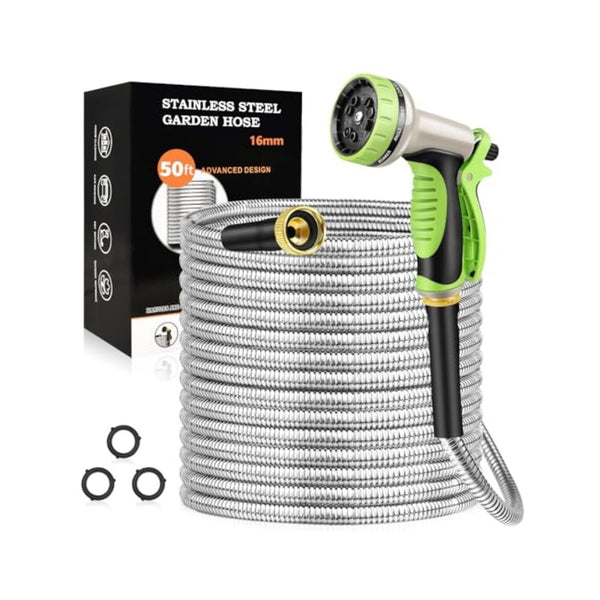 50 ft Stainless Steel Garden Hose Nozzle Set