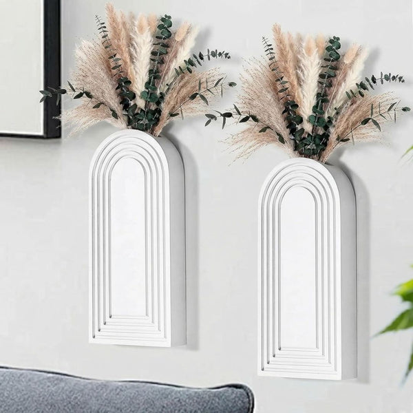 Set of 2 Wooden Wall Vases with Dried Pampas Grass & Eucalyptus