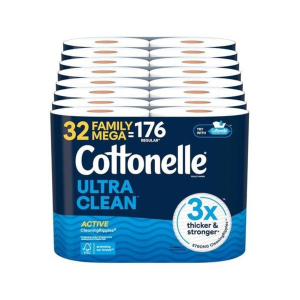 32 Family Mega Rolls (=176 Reg) Cottonelle Ultra Clean Toilet Paper