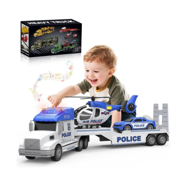 Police Semi Truck Toy with Racing Car and Helicopter