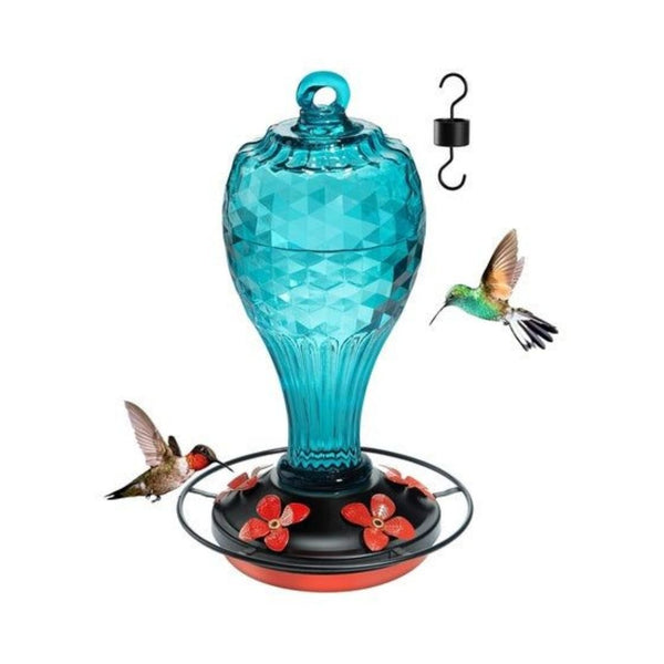 Hand-Blown Blue Glass Hummingbird Feeder