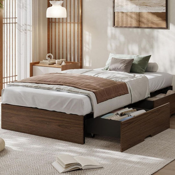 Twin Size Wood Platform Bed Frame with 2 Storage Drawers