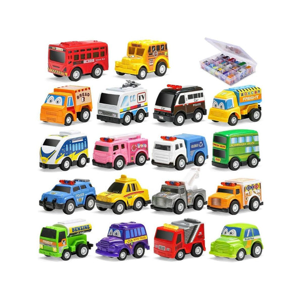 18-Pk Assorted Mini Pull Back Cars with Storage Organizer Box