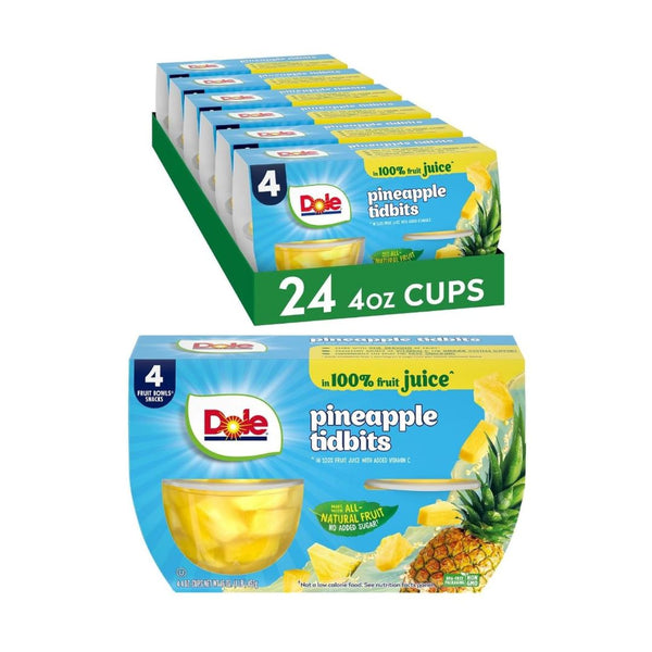 24 Cups Dole Fruit Bowls Pineapple Tidbits in 100% Juice