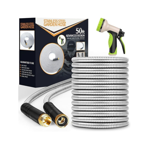 50 ft Stainless Steel Garden Hose with Nozzle