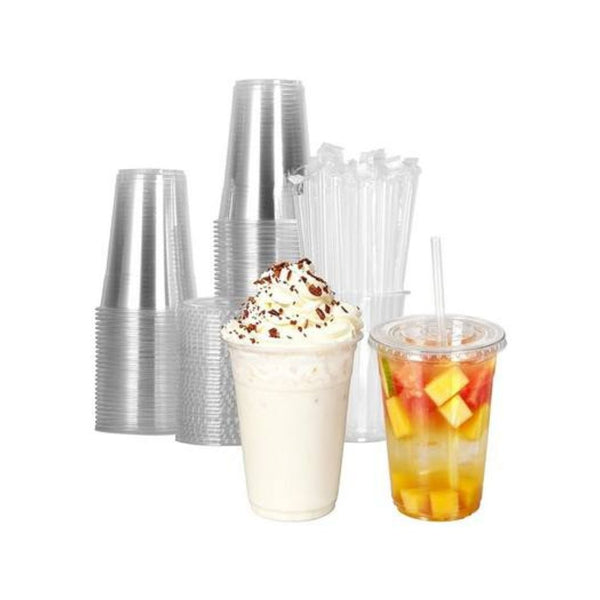 100-Pack 16 oz Disposable Plastic Cups with Lids & Straws