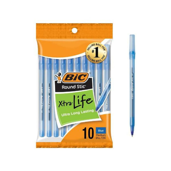 10 BIC Stic Xtra Life Blue Ballpoint Pens