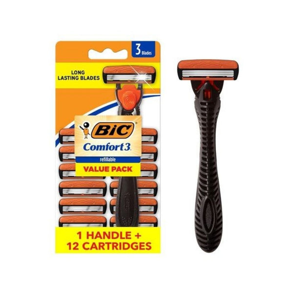 BIC Comfort 3 Men's Refillable 3-Blade Razors with 1 Handle & 12 Cartridges